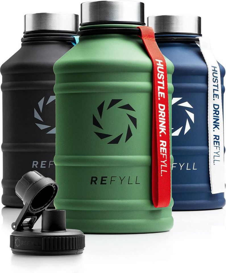 REFYLL Trinkflasche Edelstahl Trinkflasche Hero 1,3L und 2,2L, Auslaufsicher, robust, Fitness Trinkflasche für Sport, Gym, Water Jug auslaufsicher von REFYLL
