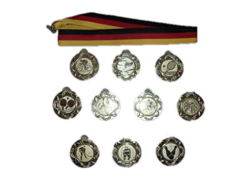 RaRu 10 kleine Medaillen mit Deutschlandbändern und 3 Anstecknadeln (Sticker). 50 Verschiedene Embleme zur Auswahl. (Kegeln) von RaRu