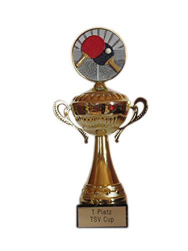 RaRu Tischtennis-Henkelpokal mit Resin-Emblem, Gravur und 3 Tischtennis-Anstecknadeln. von RaRu