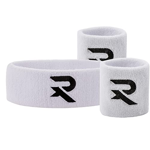 Raquex Armband & Stirnband Set - 2 x Armband, 1 Stirnband, eng anliegend, Baumwolle, Dehnbare Schweißbänder für Sport (weiß) von Raquex
