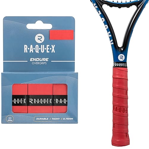 Raquex Endure Übergriffband für Schläger – 3er Pack Übergriffband für Schläger, 0.75 mm Dicke – Anti-Rutsch Übergriffband für Tennis-, Badminton-, Squashschläger, Padel (Rot) von Raquex