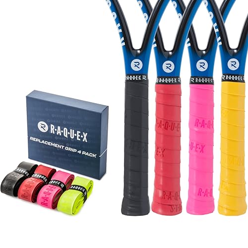 Raquex Ersatz-PU-Griffband 4er-Pack: Tennis, Squash, Badminton. Selbstklebendes Griffband für Schläger. Wiederverwertbare Geschenkverpackung aus Pappe (Schwarz, rot, rosa, gelb) von Raquex