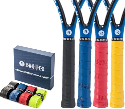 Raquex Ersatz-PU-Griffband 4er-Pack: Tennis, Squash, Badminton. Selbstklebendes Griffband für Schläger. Schwarz, Blau, Rot, Gelb im Multipack. Wiederverwertbare Geschenkverpackung aus Pappe von Raquex