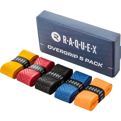 Raquex Overgrip für Schläger - 5er-Pack Overgrips Anti-Rutsch für Tennis-, Badminton- oder Squashschläger – Schwarz, Blau, Rot, Gelb, Orange – Wiederverwertbare Verpackung von Raquex