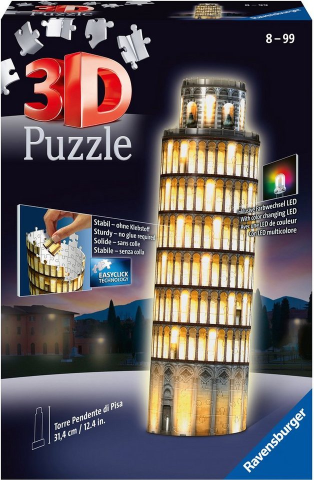 Ravensburger 3D-Puzzle Schiefer Turm von Pisa bei Nacht, 216 Puzzleteile, mit Farbwechsel LEDs, Made in Europe, FSC® - schützt Wald - weltweit von Ravensburger