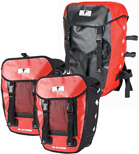 Red Loon 3er Set 2 x robuste Fahrradtasche aus LKW-Plane 1 x Fahrrad-Rucksack – wasserdichte Doppelpacktasche + Rucksack in Rot von Red Loon