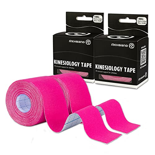 Rehband Kinesiologie Tape zur Selbstanwendung, Physio Sport-Tape zur Unterstützung von Gelenken & Muskulatur, wasserfest, hautfreundlich, elastisch, Farbe:2 x Pink, Größe:2 Rollen von Rehband