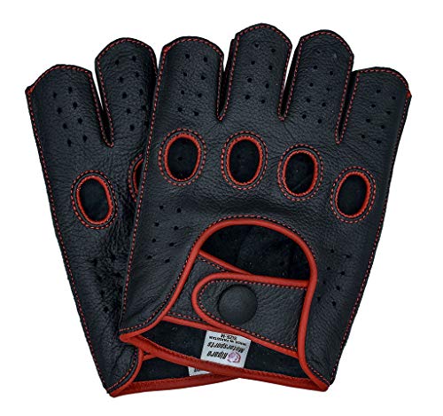 Riparo Fingerlose Motorradhandschuhe aus echtem Leder mit rückfester, fingerloser Mitte für Männer Groß Schwarz Rot von Riparo