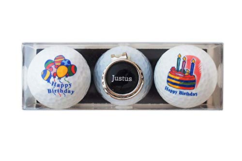 RoLoGOLF Geschenk-Set: 2 Golfbälle mit Happy Birthday - Motiven und Cap-Clip + Marker mit VORNAMEN, über 1500 Namen sofort erhältlich! Geschenk Idee von RoLoGOLF