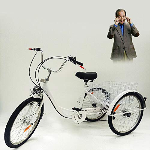 SHIOUCY Fahrrad mit Licht Dreirad Für Erwachsene 24 Zoll 6 Geschwindigkeit 3 Rad Fahrrad Dreirad mit Korb Landhausstil Erwachsenendreirad, DHL (Weiß) von SHIOUCY