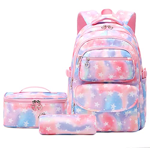 SIVENKE 3 Set Schultasche Sternendruck Wasserdicht Schulrucksack mit Lunchbox-Tasche & Federmäppchen, rosa, modern von SIVENKE