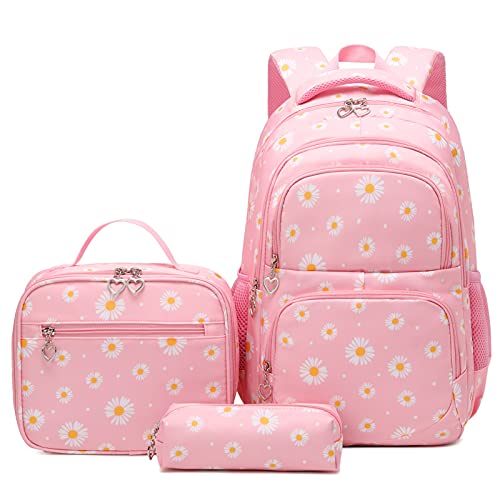 SIVENKE Schulrucksack Mädchen Teenager Damen Schultasche Rucksack Set Gänseblümchen Schulranzen für Mädchen Schule Freizeit mit Lunchpaket Tasche und Mäppchen von SIVENKE