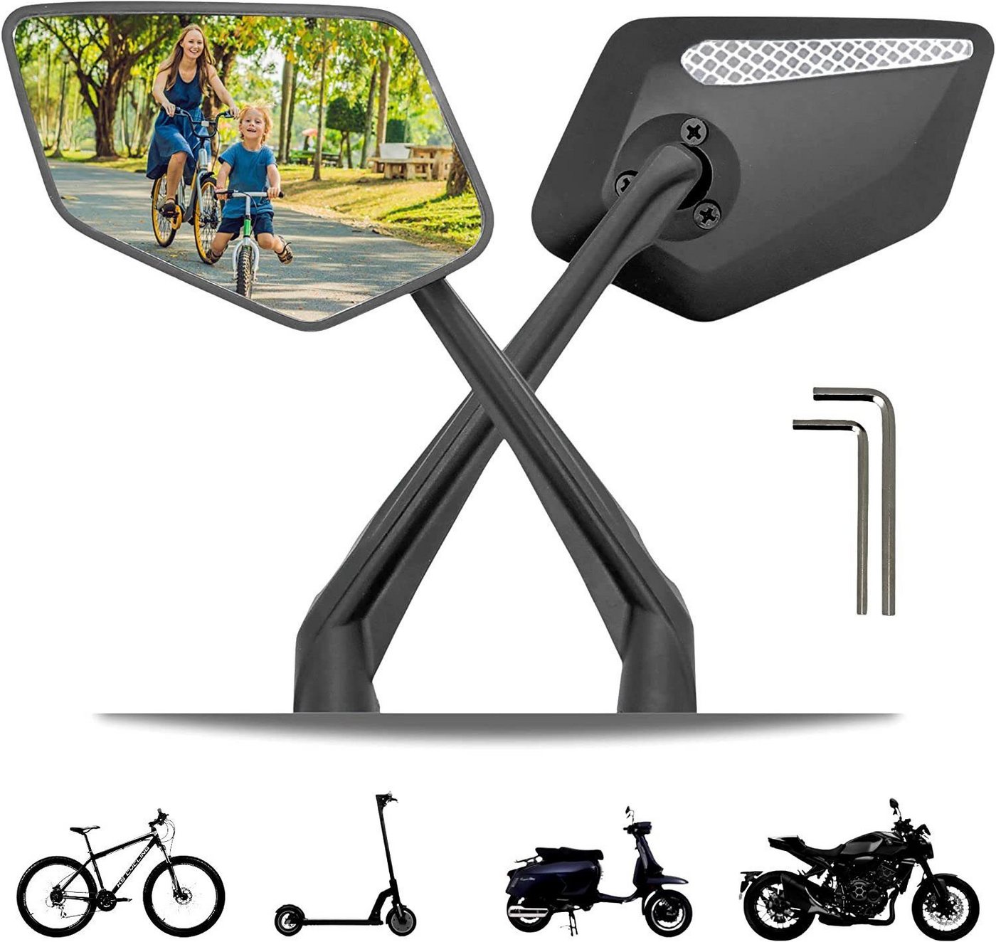 SOTOR Fahrradspiegel Fahrradspiegel (links/rechts+links) mit extra großer Spiegelfläche (360° verstellbarer Fahrrad Spiegel, für E-Bike & E-Scooter Lenker, schlagfestes Echtglas, 2-St) von SOTOR