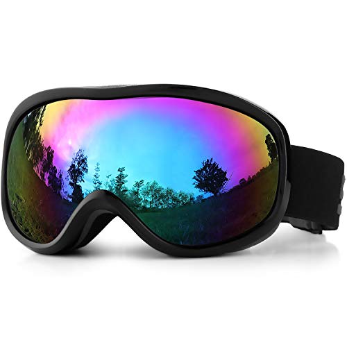SPOSUNE Skibrille 100 % UV400-Schutz, Skibrille mit Antibeschlag, kugelförmige Doppelscheibe, winddicht, stoßfest, Helmkompatibel, Black frame + Rainbow Green Lens VLT 15-17.5% von SPOSUNE