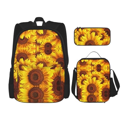 SUHNGE Leichter Rucksack mit Sonnenblumenfelddruck, Gelb, 3-teiliges Set (Federmäppchen, Schultasche, Lunchtasche, Kombination), Gelbe Sonnenblume 1, Einheitsgröße von SUHNGE