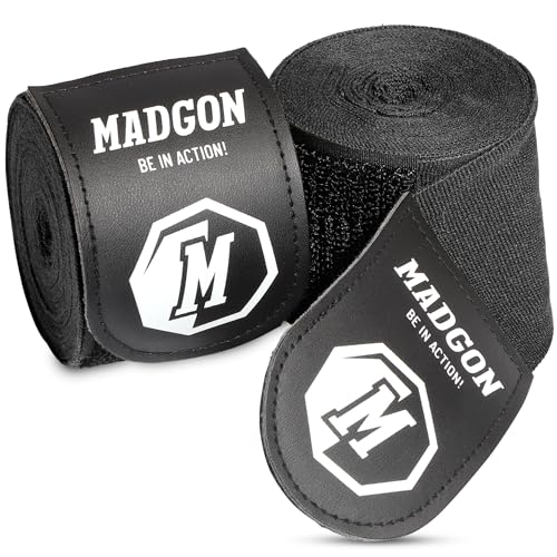 MADGON Boxbandagen in 3m 3,8m 4,5m für Männer und Frauen - Bandagen Boxen für Kickboxen, MMA, Boxer & Sparring mit Beutel - schwarz von MADGON