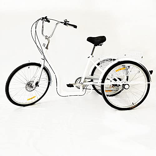 SanBouSi 26 Zoll Fahrrad Erwachsenen Dreirad Cityräder 6 Geschwindigkeit 3 Rad Fahrrad Dreirad mit Korb Rahmen aus Aluminiumlegierung Weiß von SanBouSi
