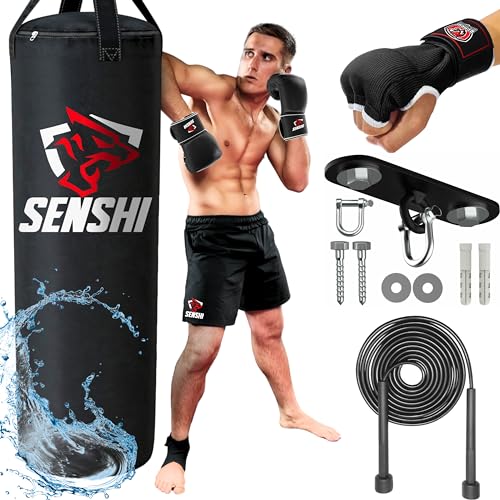 Outdoor-Boxsack 3, 4, 1,5 m für Boxen, MMA, Muay Thai, Handbandagen, Springseil und Halterungs-Set, für Kinder und Erwachsene (gefüllt, 1,2 m) von Senshi Japan