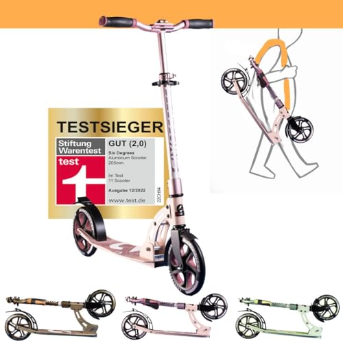 SIX DEGREES Aluminium Scooter mit Klappmechanismus u. Ständer, 205 mm, höhenverstellbarer Cityroller für Kinder und Erwachsene, Roller in Blossom pink, TESTSIEGER von Six Degrees