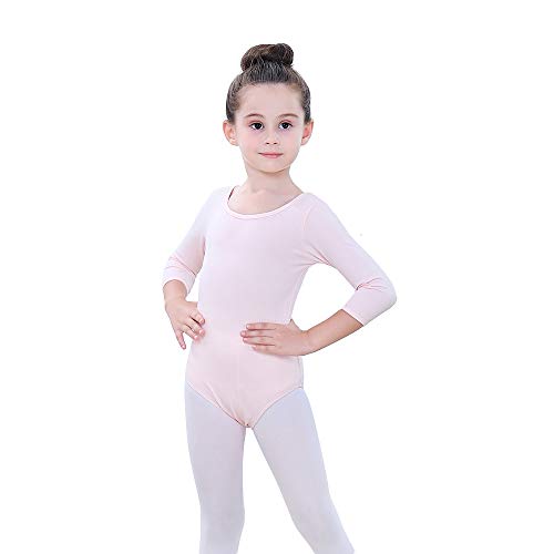 Soudittur Kinder Ballettanzug Baumwolle 3/4 Langarm Ballett Trikot Tanz-Body Turnanzug für Mädchen (Rosa, Tag 120(Höhe: 115-125 cm)) von Soudittur