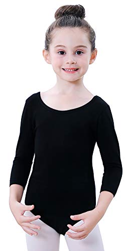 Soudittur Kinder Ballettanzug Baumwolle 3/4 Langarm Ballett Trikot Tanz-Body Turnanzug für Mädchen (Schwarz, Tag 130(Höhe: 125-135 cm)) von Soudittur