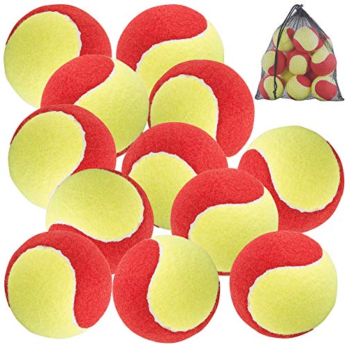 Speeron Kinder Spielzeug: 12er-Set Tennisbälle, 77 mm für Jugend & Beginner, gelb-rot, Tragenetz (Tennis-Ball, Trainingsball, Schleuder) von Speeron
