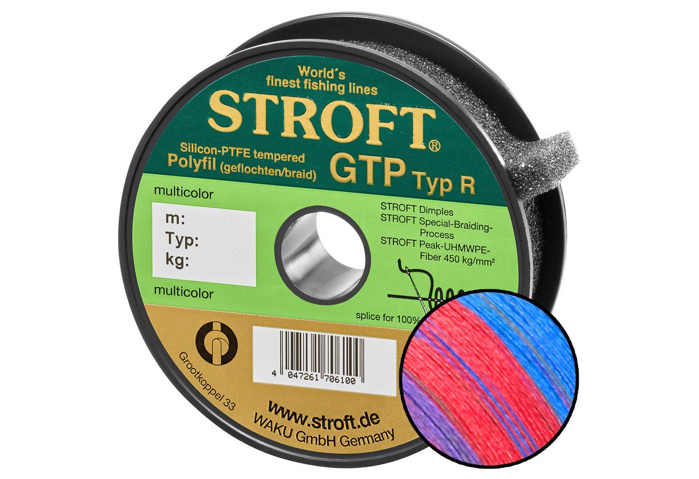 Stroft Angelschnur STROFT GTP Typ R Geflochtene Angelschnur 150m multicolor, 150 m Länge, 0.28 mm Fadendurchmesser, (1-St), 14kg Tragkraft von Stroft