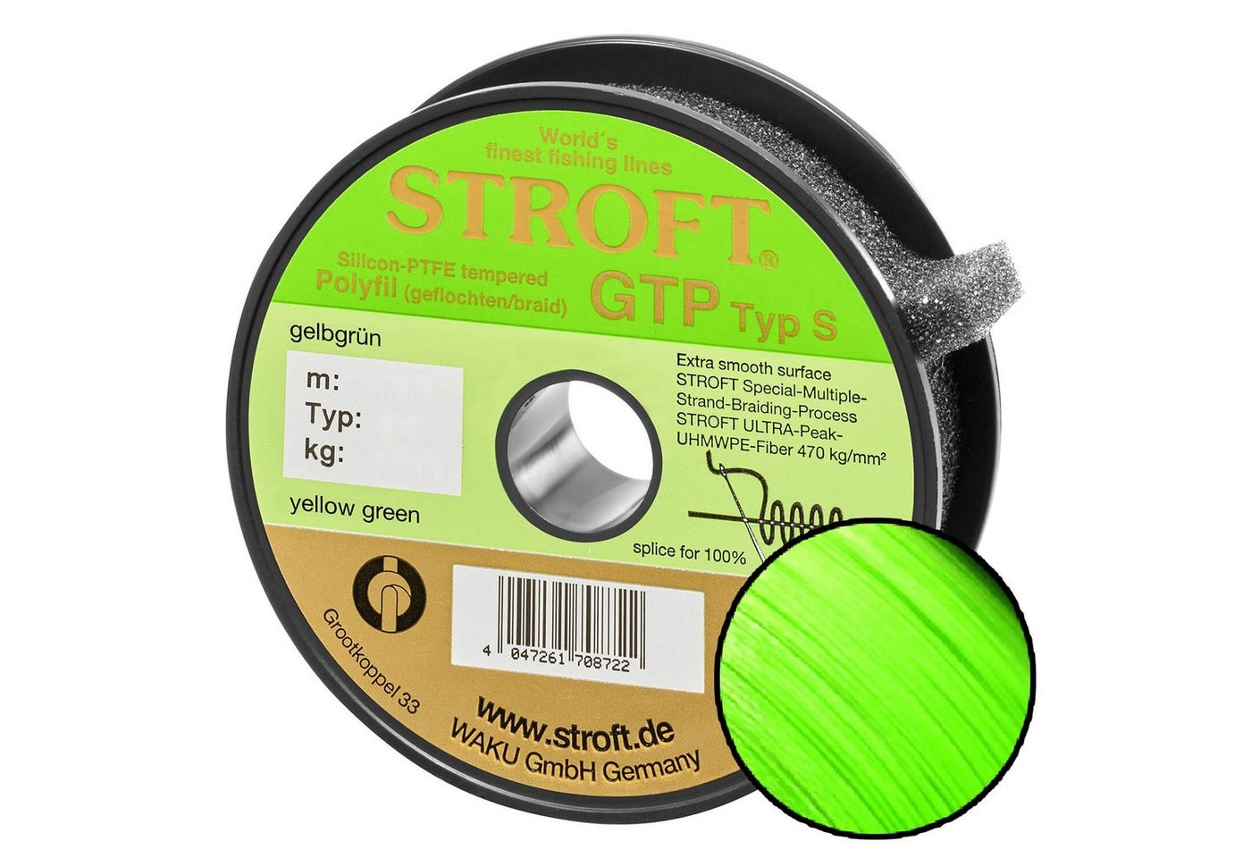 Stroft Angelschnur STROFT GTP Typ S Geflochtene Angelschnur 300m Gelbgrün, 300 m Länge, 0.22 mm Fadendurchmesser, (1-St), 10.0kg Tragkraft von Stroft