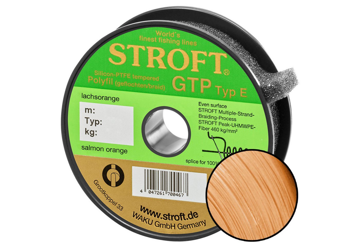 Stroft Angelschnur Stroft Schnur GTP Typ E geflochten lachsorange 150m, 150 m Länge, 0.20 mm Fadendurchmesser, (1-St), 7,5kg Tragkraft von Stroft