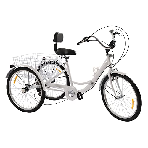 SuhoFutus Dreirad für Erwachsene, Faltbar Erwachsene Dreirad 7 Gang Dreirad Fahrräder aus Kohlenstoffstahl, mit Wasserbecherhalter, LED Licht und Korb 3 Räder Fahrrad, 24 Zoll (weiß) von SuhoFutus