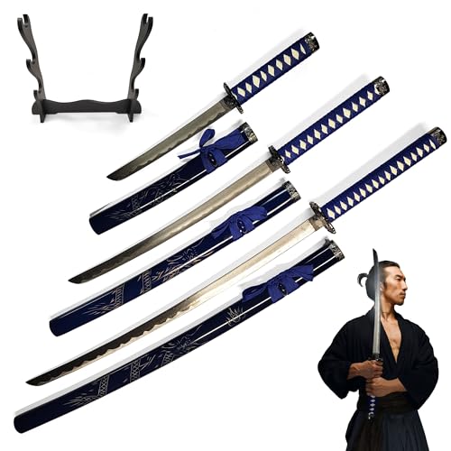 3er Schwert Set mit Ständer - Katana Schwert Echt, Wakizashi, Tanto - Samurai Schwert aus Stahl - Samurai Schwerter als One Piece Deko - mit Schwertständer - Ninja Schwert, Shogun Schwert, Blau von Swords and more