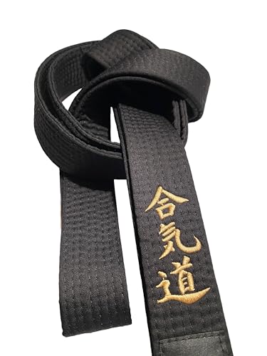 TEKKA BUDO Schwarzer Gürtel Bestickt - Aikido - 280 cm - Schriftzeichen Bestickung Gold - Schwarzgurt Kanji japanisch - Aikidogürtel von TEKKA BUDO