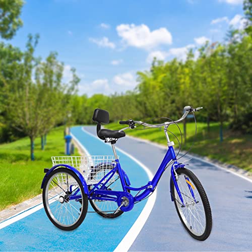 TIXBYGO 24 Zoll faltbar Dreirad Erwachsene Fahrrad für Senioren Lastenfahrrad 7-Gang Faltbar Dreirad für Erwachsene 3-Rad Fahrrad Klappbar mit Einkaufskorb, Einkaufskorb und Licht (Blau) von TIXBYGO