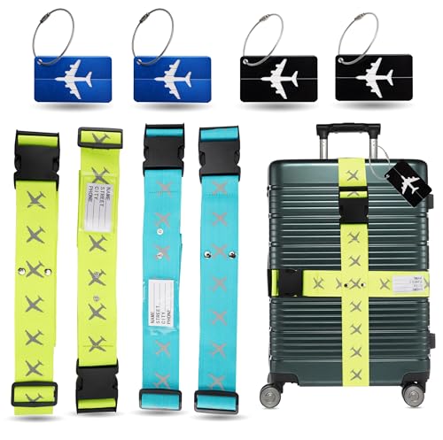 XXL Set 4X Kofferband & 4X Kofferanhänger - Koffergurt besonders auffällig - Gurtband inkl. Namensschild für Koffer & Gepäck - Luggage Strape von TK Gruppe Timo Klingler