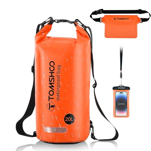 TOMSHOO Dry Bag Set, 10L/20L Wasserdicht Rucksack mit Wasserfester Handytasche & Tasche, Verstellbarer Schultergurt, Waterproof Backpack für Kajak Fahren, Wandern, Camping, mehr, 20L, Orange von TOMSHOO