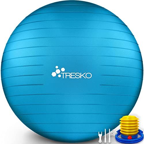 TRESKO Gymnastikball mit GRATIS Übungsposter inkl. Luftpumpe - Yogaball BPA-Frei | Sitzball Büro | Anti-Burst | 300 kg,Blau,55cm (für Körpergröße unter 155cm) von TRESKO
