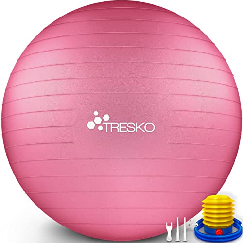 TRESKO Gymnastikball mit GRATIS Übungsposter inkl. Luftpumpe - Yogaball BPA-Frei | Sitzball Büro | Anti-Burst | 300 kg,Rosa,55cm (für Körpergröße unter 155cm) von TRESKO