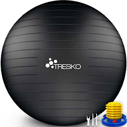 TRESKO Gymnastikball mit GRATIS Übungsposter inkl. Luftpumpe - Yogaball BPA-Frei | Sitzball Büro | Anti-Burst | 300 kg,Schwarz,55cm (für Körpergröße unter 155cm) von TRESKO