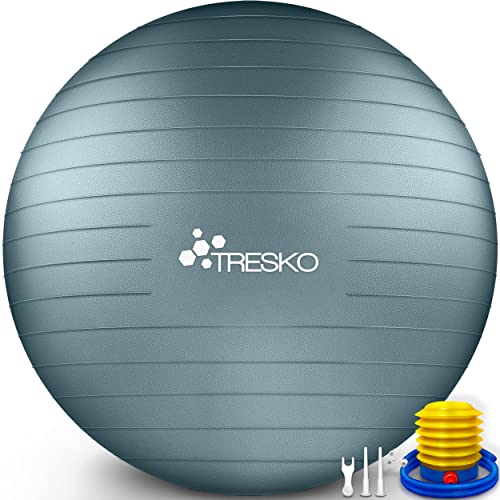 TRESKO Gymnastikball mit GRATIS Übungsposter inkl. Luftpumpe - Yogaball BPA-Frei | Sitzball Büro | Anti-Burst | 300 kg,Cool-Grau-Blau,65cm (für Körpergröße 155 - 175cm) von TRESKO