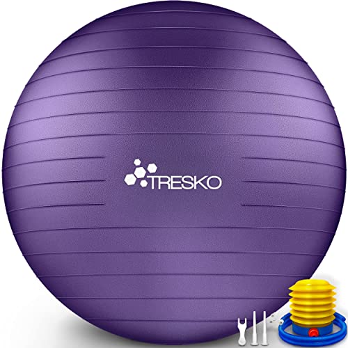 TRESKO Gymnastikball mit GRATIS Übungsposter inkl. Luftpumpe - Yogaball BPA-Frei | Sitzball Büro | Anti-Burst | 300 kg,Lila,55cm (für Körpergröße unter 155cm) von TRESKO