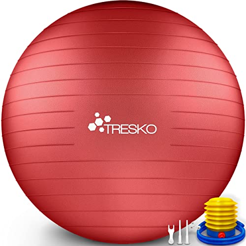 TRESKO Gymnastikball mit GRATIS Übungsposter inkl. Luftpumpe - Yogaball BPA-Frei | Sitzball Büro | Anti-Burst | 300 kg,Rot,65cm (für Körpergröße 155 - 175cm) von TRESKO