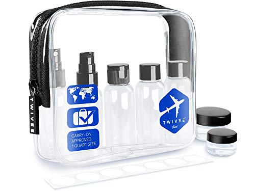 TWIVEE - Transparenter Kulturbeutel mit Reiseflaschenset - 1 Liter - Kulturtasche zum Transport von Flüssigkeiten im Handgepäck von TWIVEE