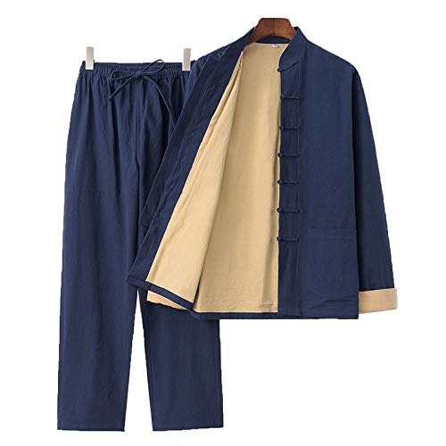 Herren Kung Fu Leinen Anzug - Traditionelle Lange ÄrmelKampfkunst Uniform Tai Chi Klassisch Tangzhuang,Geeignet für Morgengymnastik Judo Wushu Wing Chun(Color:Navy blau,Size:3XL) von TYXH