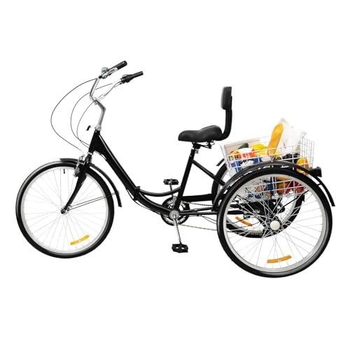 24 Zoll Faltdreirad Schwarz Erwachsenen Pedal Dreirad, 7 Gang, Tragfähigkeit 95 kg mit Korb geeignet für Einkaufen, Reisen von Taozhiyy