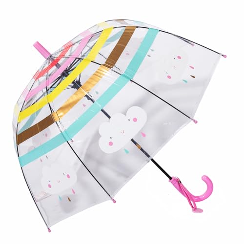 ThreeH Regenbogenregenschirm für Kinder Gewölbter automatischer transparenter Kuppel Bubble Regenschirm mit niedlichen Cartoon-Wolken 8 Rippen für Jungen und Mädchen,Rosa von ThreeH