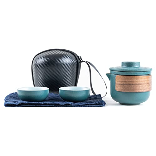 Reise-Tee-Set, Hochtemperaturbeständiger -Auslauf aus Keramik, Tragbare Kleine Teekanne mit Aufbewahrungstasche für den Außenbereich (Grüner Topf mit 2 Tassen) von Tnfeeon
