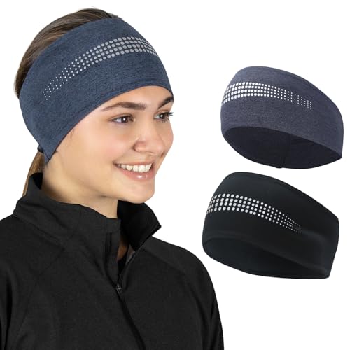 TrailHeads Stirnband für Damen/Ohrenwärmer mit Pferdeschwanzöffnung und Reflektierenden Nähten - Adrenaline Series (schwarz/Marineblau reflektierend) von TrailHeads