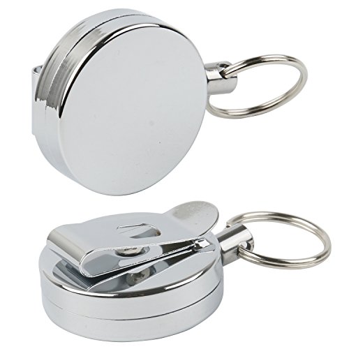 TRIXES Set mit Zwei runden silbernen 2,5cm Gürtelclips als Ausweis oder ID-Card Halter mit 60cm JoJo-Aufrollmechanismus Nylonschnur Silberchrom versenkbarer Schlüsselring Schlüsselanhänger von TRIXES