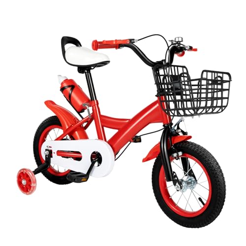 UESUENYENS 12 Zoll Kinderfahrrad,Jungen Fahrrad Mädchenfahrrad Rad Bike Unisex, 2-4 Jahre Laufrad mit Zwei Hilfsrädern ausgestattet,eine Kombination aus Vorder- und Hinterradbremse (Rot) (Rot) von UESUENYENS