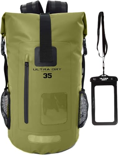 Premium 35L & 55L wasserdichter Dry Bag Rucksack, Sack mit Handy-Trockentasche, perfekt für Bootfahren/Kajakfahren/Wandern/Kanufahren/Angeln/Rafting/Schwimmen/Camping (Armeegrün, 35 Liter) von Ultra Dry Adventurer